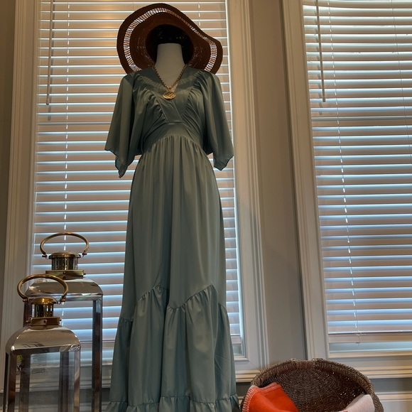 Maxi dress casual mid sleeves pleated ruffle BoHo dress - Picture 13 of 16